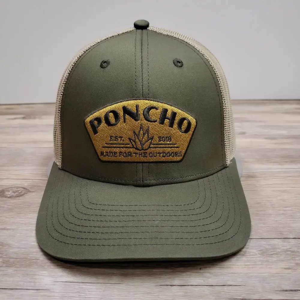 Poncho Outdoors Hat Cap Snap Back Mens One Size Green Mesh Trucker Patch Logo